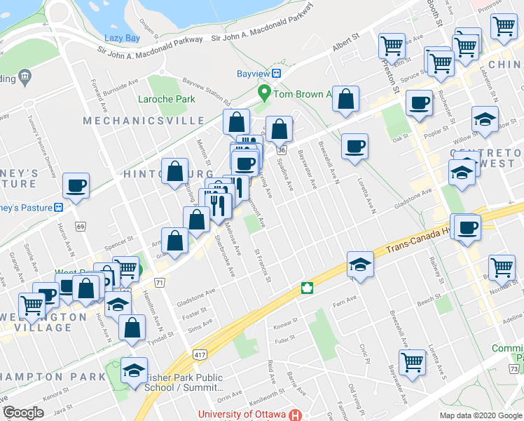 map of restaurants, bars, coffee shops, grocery stores, and more near 31 Fairmont Avenue in Ottawa