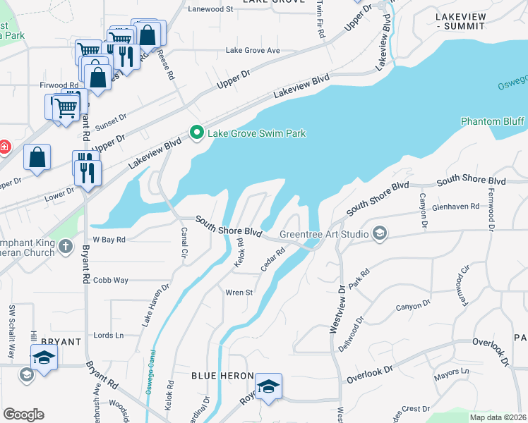 map of restaurants, bars, coffee shops, grocery stores, and more near 16649 Maple Circle in Lake Oswego