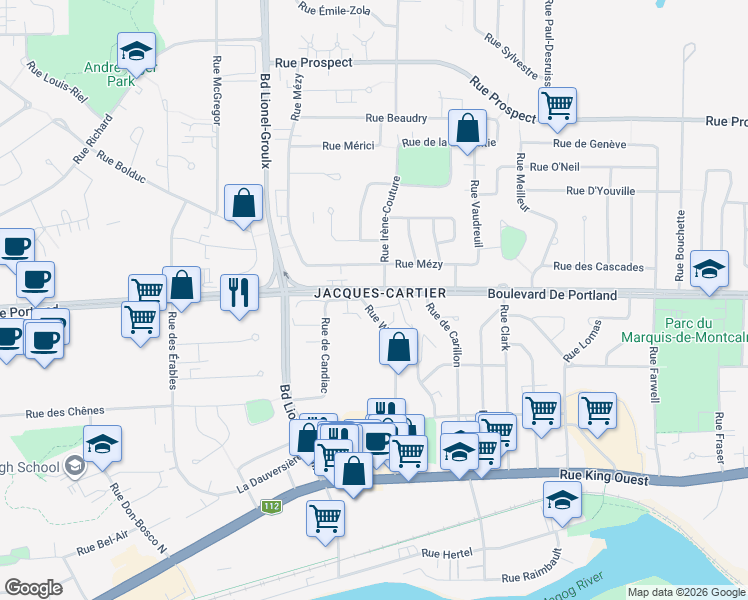 map of restaurants, bars, coffee shops, grocery stores, and more near 2650 Boulevard de Portland in Sherbrooke
