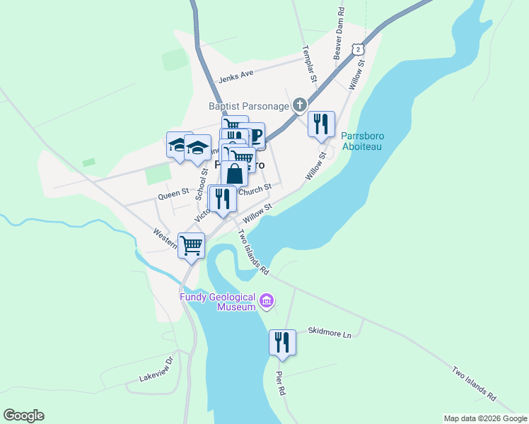 map of restaurants, bars, coffee shops, grocery stores, and more near 58 Willow Street in Parrsboro