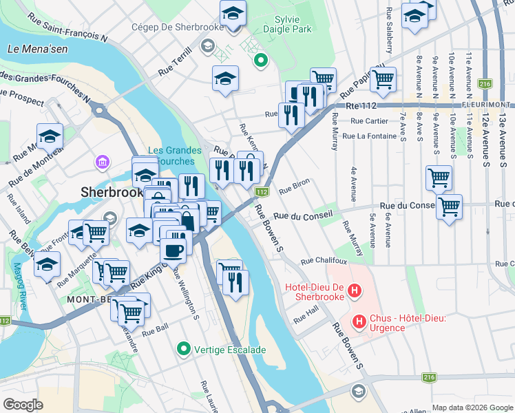 map of restaurants, bars, coffee shops, grocery stores, and more near 65 Rue Bowen Sud in Sherbrooke