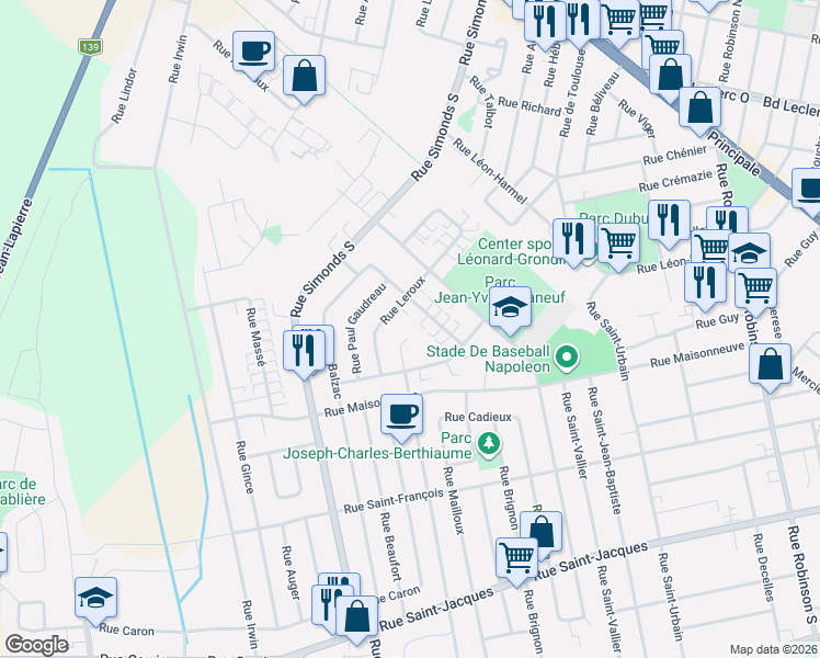 map of restaurants, bars, coffee shops, grocery stores, and more near 100 Rue Laurent in Granby
