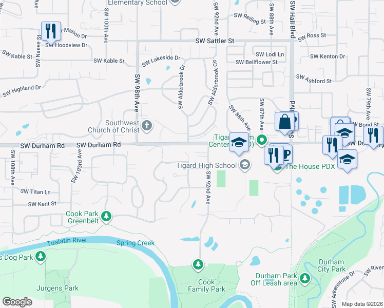 map of restaurants, bars, coffee shops, grocery stores, and more near 16082 Southwest 93rd Avenue in Tigard