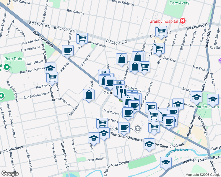 map of restaurants, bars, coffee shops, grocery stores, and more near 405 Rue Principale in Granby