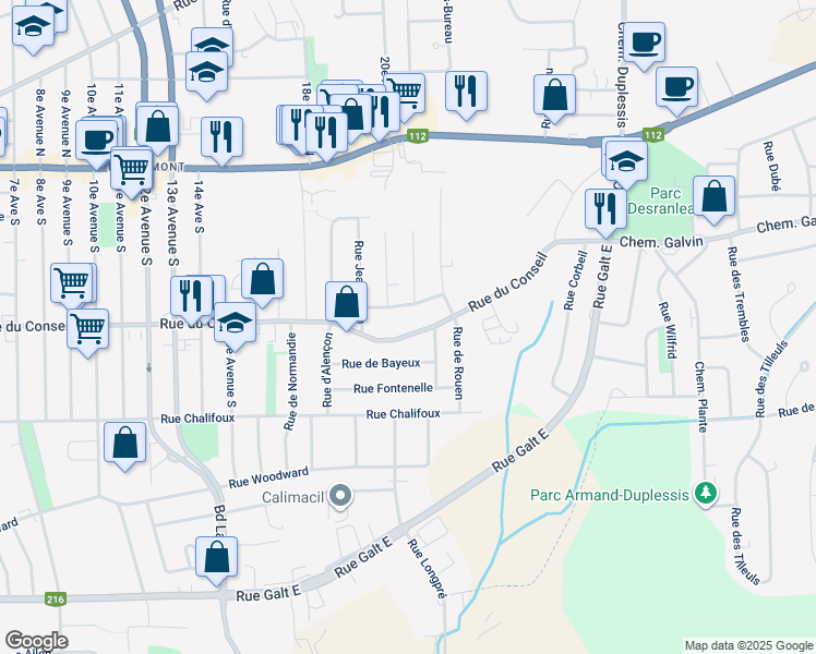 map of restaurants, bars, coffee shops, grocery stores, and more near 1279 Rue du Conseil in Sherbrooke
