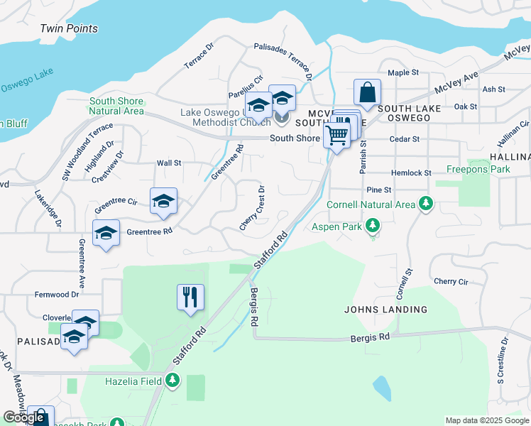map of restaurants, bars, coffee shops, grocery stores, and more near 16872 Cherry Crest Drive in Lake Oswego