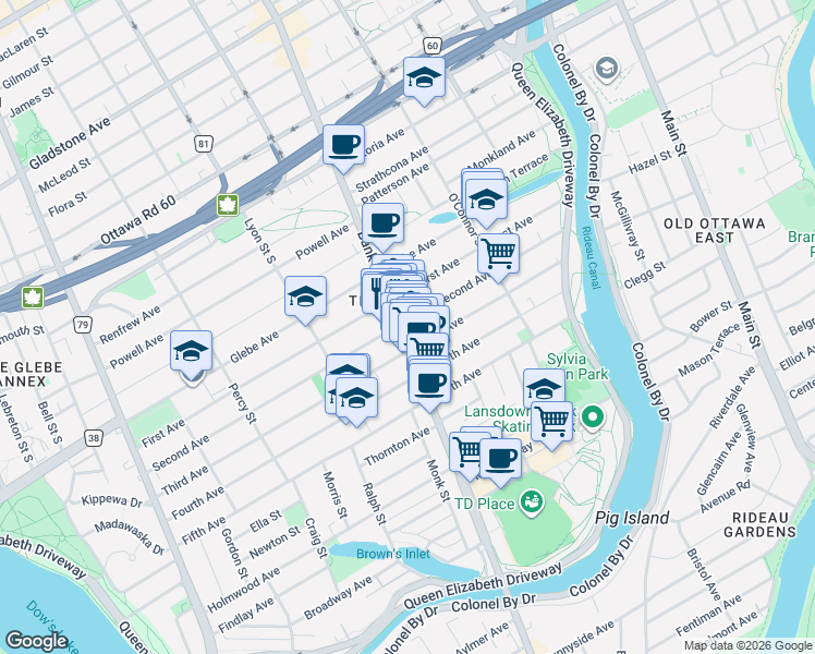 map of restaurants, bars, coffee shops, grocery stores, and more near 773 Bank Street in Ottawa