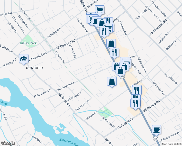 map of restaurants, bars, coffee shops, grocery stores, and more near 3407 Southeast Vineyard Road in Milwaukie