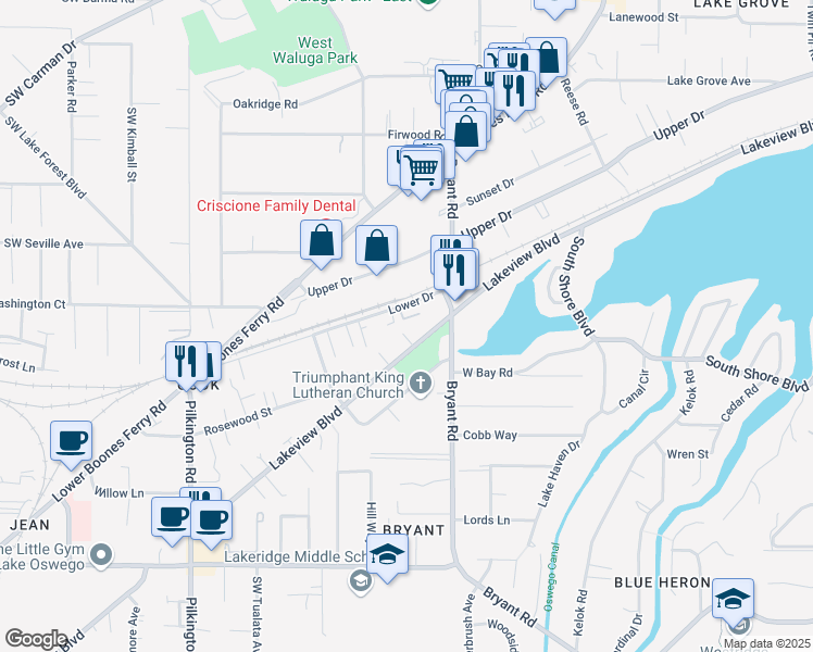 map of restaurants, bars, coffee shops, grocery stores, and more near 4654 Lower Drive in Lake Oswego