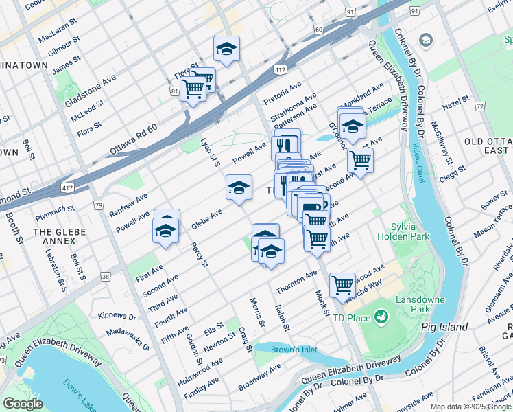 map of restaurants, bars, coffee shops, grocery stores, and more near 255 First Avenue in Ottawa
