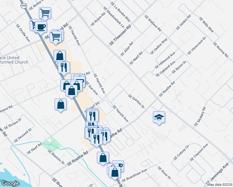 map of restaurants, bars, coffee shops, grocery stores, and more near 4610 Southeast Whipple Avenue in Milwaukie