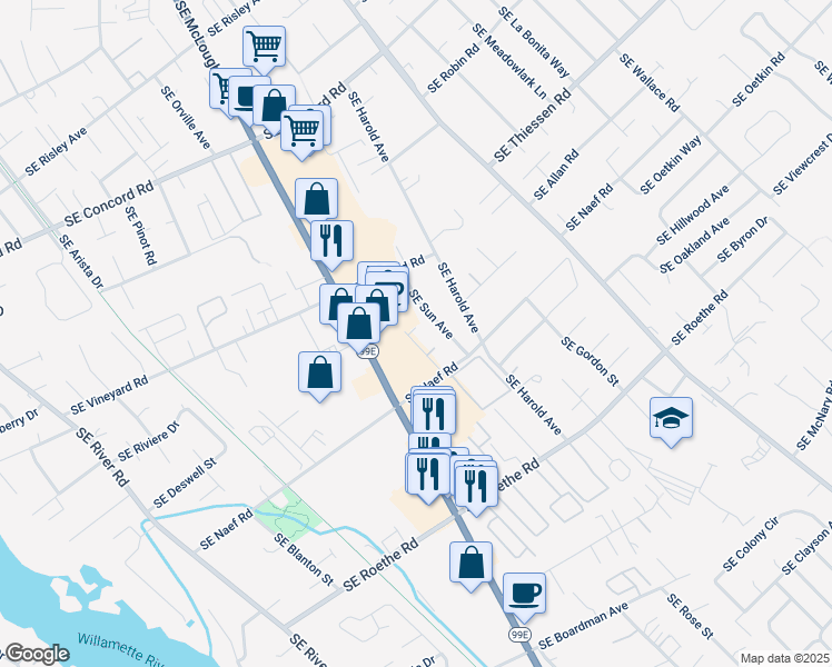 map of restaurants, bars, coffee shops, grocery stores, and more near 16574 Southeast Moon Avenue in Oak Grove