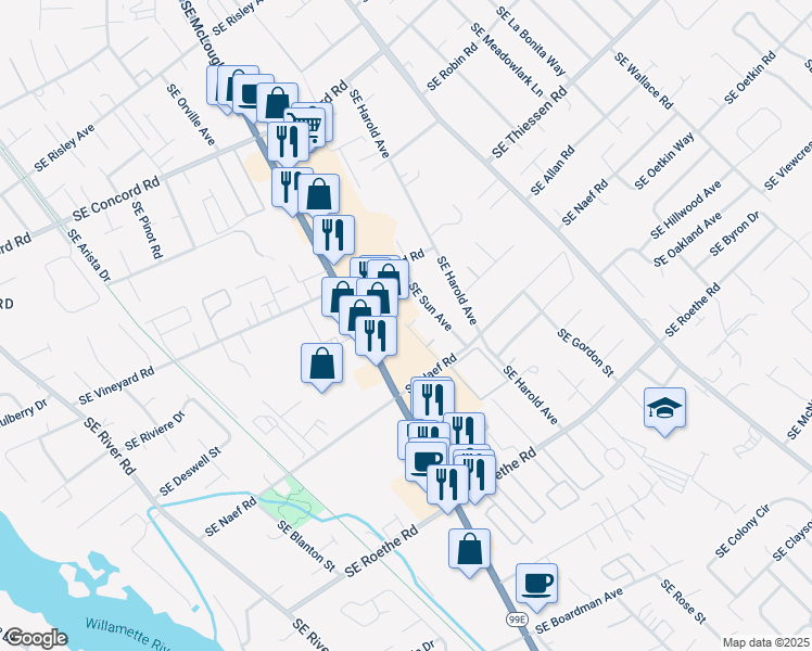 map of restaurants, bars, coffee shops, grocery stores, and more near 16574 Southeast Moon Avenue in Oak Grove