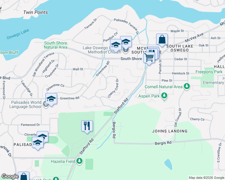 map of restaurants, bars, coffee shops, grocery stores, and more near 16977 Cherry Crest Drive in Lake Oswego