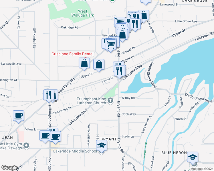 map of restaurants, bars, coffee shops, grocery stores, and more near 4690 Lower Drive in Lake Oswego