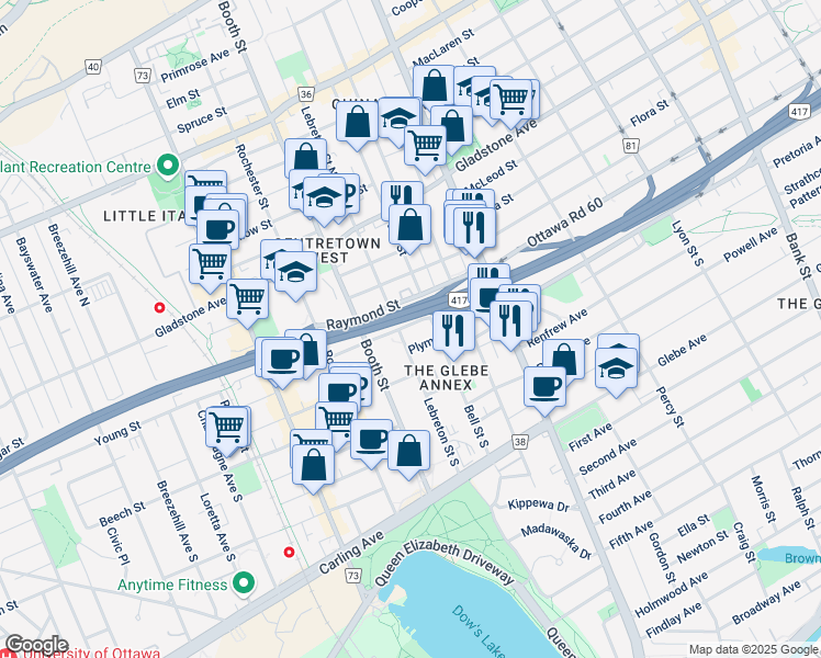 map of restaurants, bars, coffee shops, grocery stores, and more near 233 Plymouth Street in Ottawa