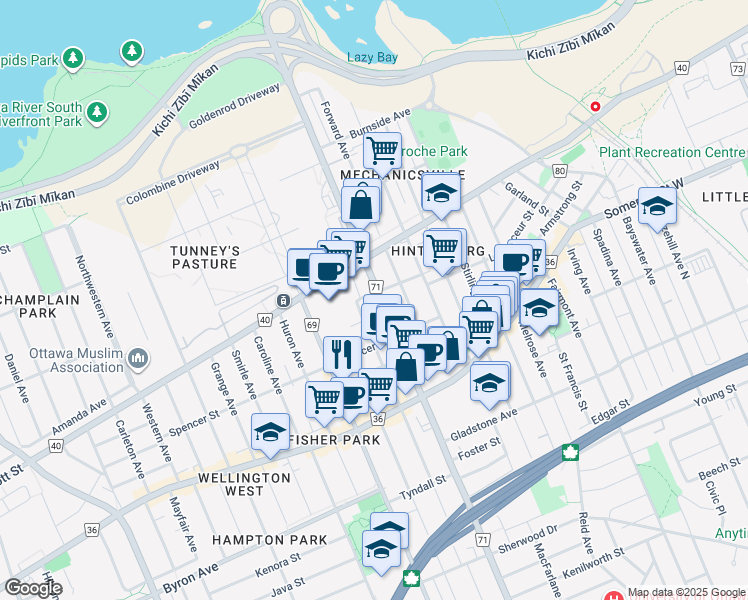 map of restaurants, bars, coffee shops, grocery stores, and more near 305 Parkdale Avenue in Ottawa