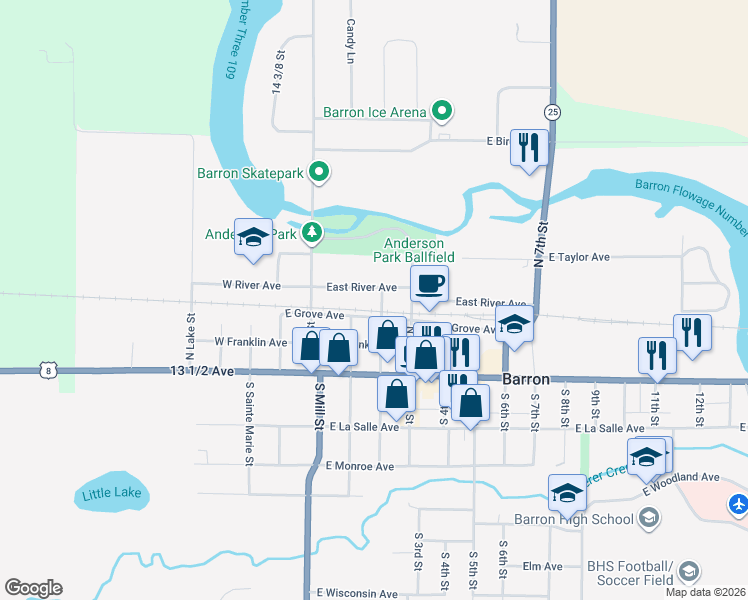 map of restaurants, bars, coffee shops, grocery stores, and more near 221 2nd Street in Barron