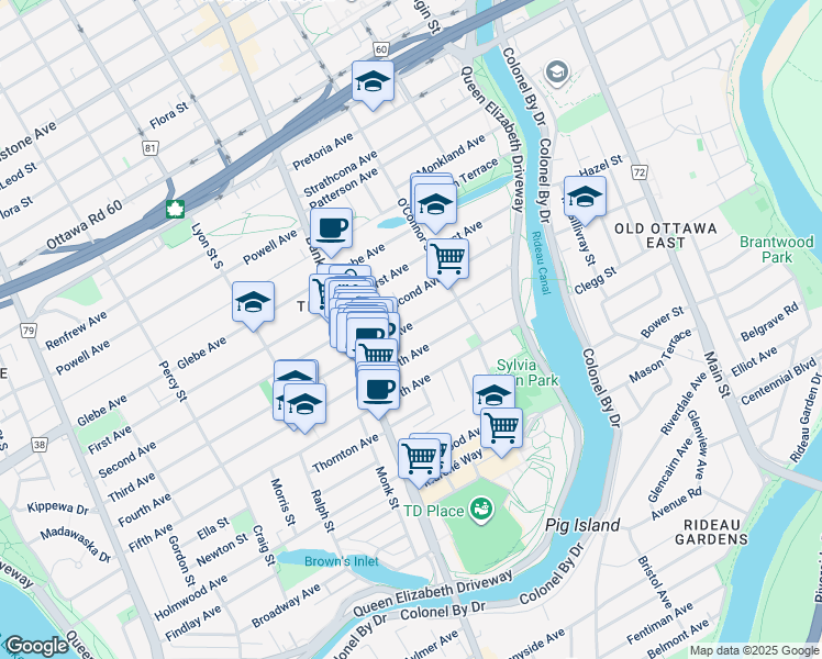map of restaurants, bars, coffee shops, grocery stores, and more near 76 Third Avenue in Ottawa