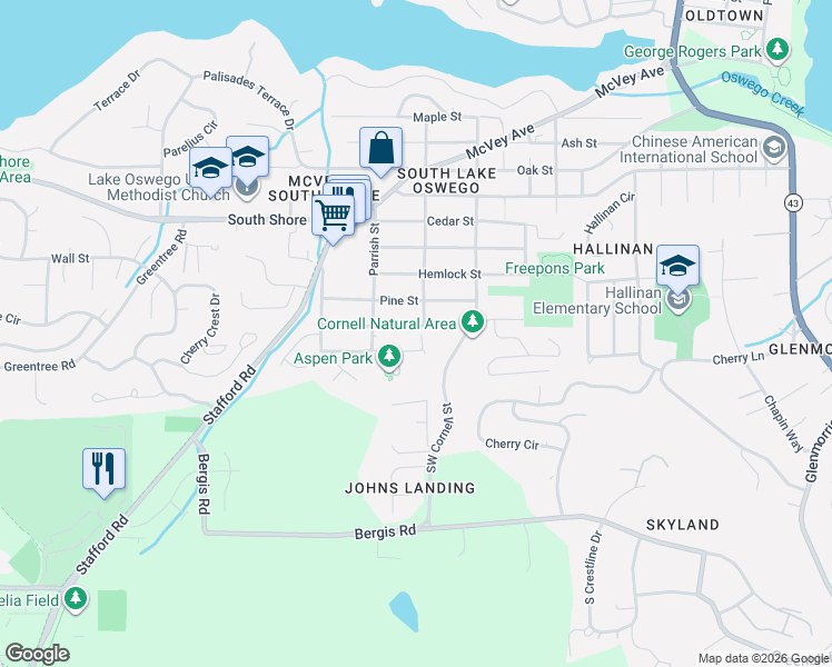 map of restaurants, bars, coffee shops, grocery stores, and more near 1610 Lee Street in Lake Oswego