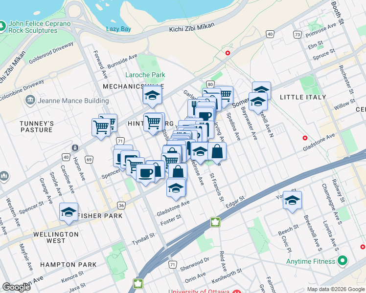 map of restaurants, bars, coffee shops, grocery stores, and more near 101 Pinhey Street in Ottawa