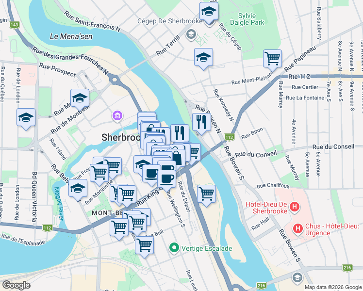 map of restaurants, bars, coffee shops, grocery stores, and more near 80 Rue des Grandes-Fourches Nord in Sherbrooke