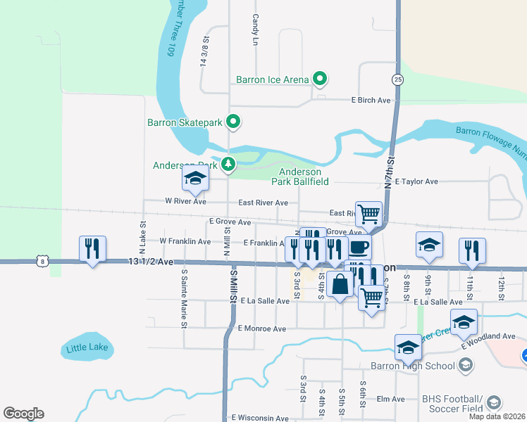 map of restaurants, bars, coffee shops, grocery stores, and more near 221 2nd Street in Barron