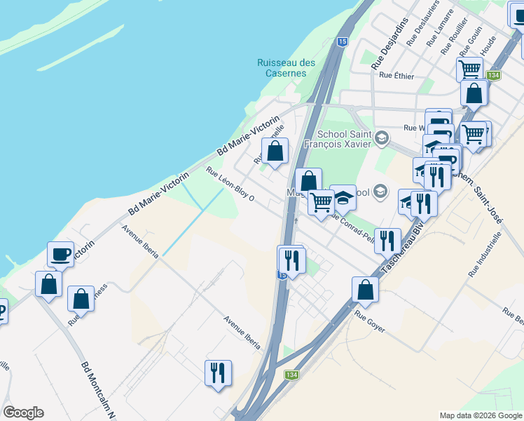 map of restaurants, bars, coffee shops, grocery stores, and more near 262 Rue Léon-Bloy Ouest in La Prairie