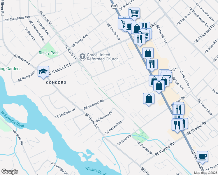map of restaurants, bars, coffee shops, grocery stores, and more near 3203 Southeast Vineyard Road in Milwaukie