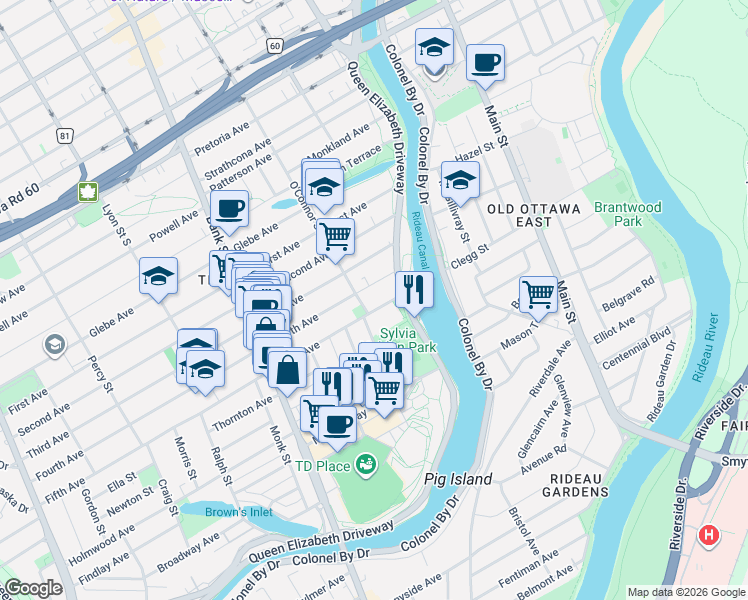 map of restaurants, bars, coffee shops, grocery stores, and more near 13B Fifth Avenue in Ottawa