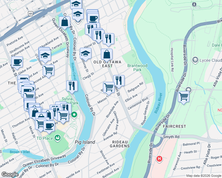 map of restaurants, bars, coffee shops, grocery stores, and more near 123 Mason Terrace in Ottawa