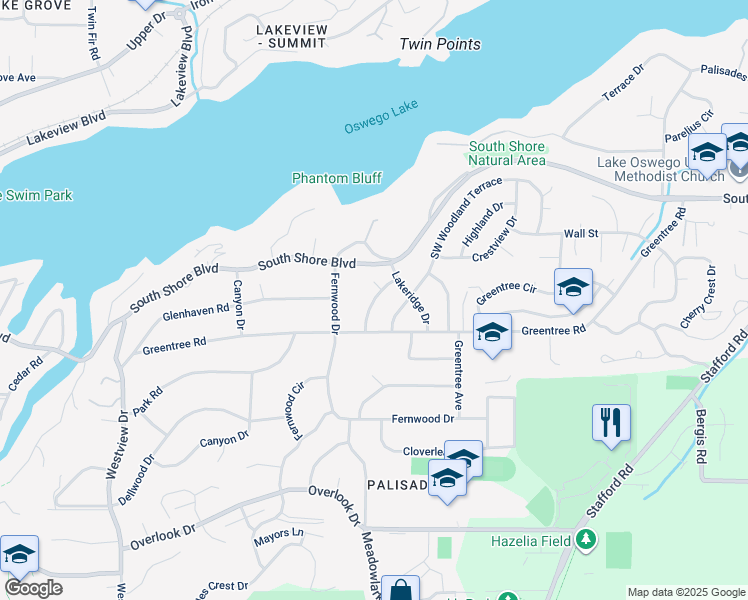 map of restaurants, bars, coffee shops, grocery stores, and more near Park Forest Avenue in Lake Oswego