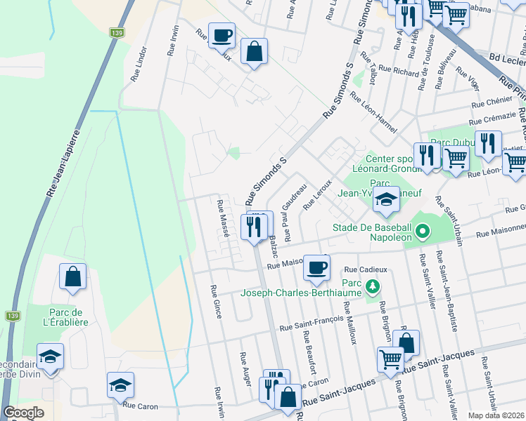 map of restaurants, bars, coffee shops, grocery stores, and more near 130 Rue Balzac in Granby