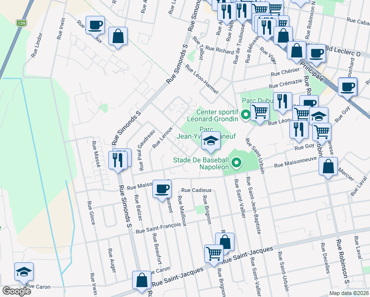 map of restaurants, bars, coffee shops, grocery stores, and more near 95 Rue Pinard in Granby