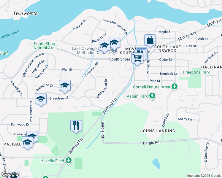 map of restaurants, bars, coffee shops, grocery stores, and more near 16872 Cherry Crest Drive in Lake Oswego