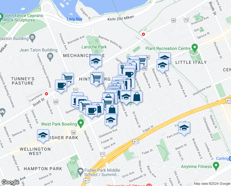 map of restaurants, bars, coffee shops, grocery stores, and more near in Ottawa