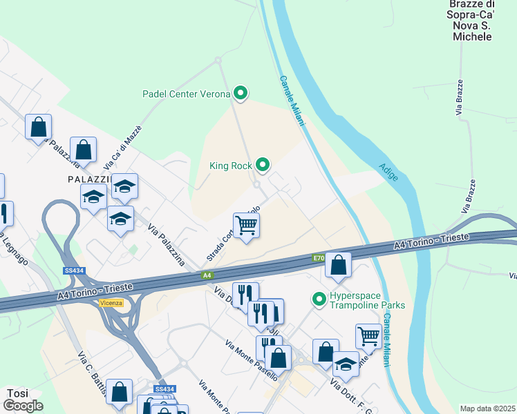 map of restaurants, bars, coffee shops, grocery stores, and more near Strada Corte Garofolo in Verona