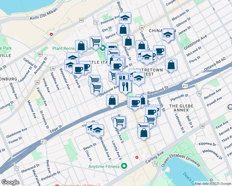 map of restaurants, bars, coffee shops, grocery stores, and more near in Ottawa