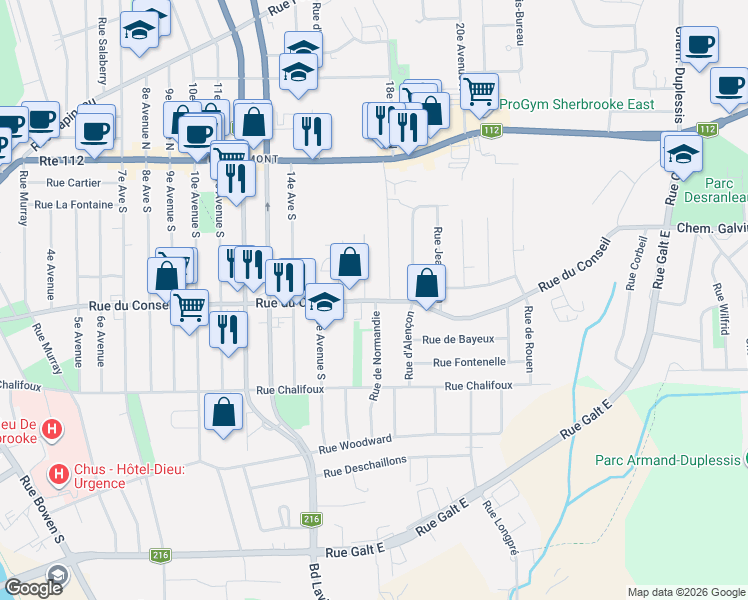 map of restaurants, bars, coffee shops, grocery stores, and more near 303 Rue de Normandie in Sherbrooke
