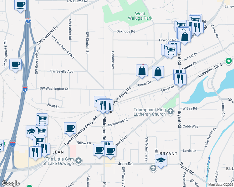map of restaurants, bars, coffee shops, grocery stores, and more near 5352 Washington Court in Lake Oswego