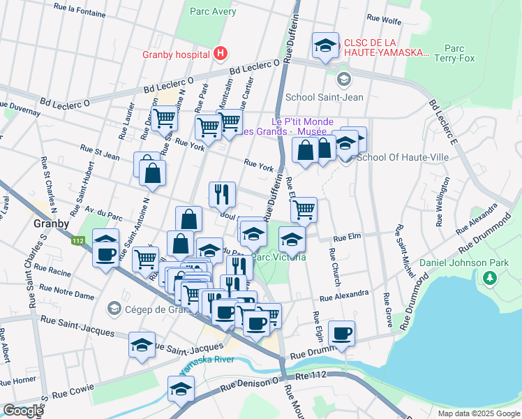 map of restaurants, bars, coffee shops, grocery stores, and more near 142 Rue Dufferin in Granby