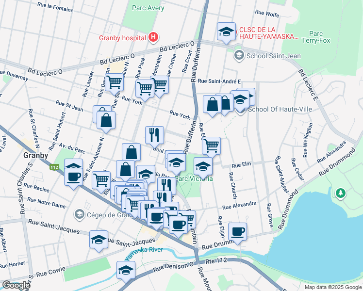 map of restaurants, bars, coffee shops, grocery stores, and more near 142 Rue Dufferin in Granby