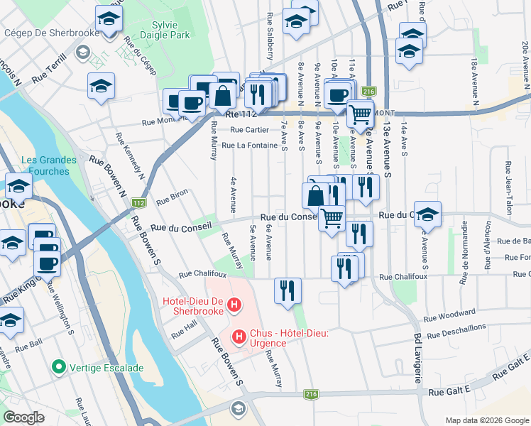 map of restaurants, bars, coffee shops, grocery stores, and more near in Sherbrooke