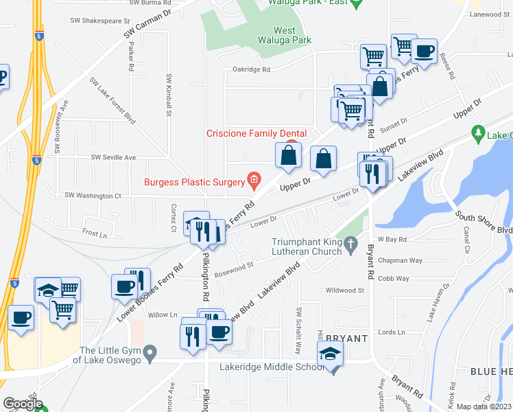 map of restaurants, bars, coffee shops, grocery stores, and more near 16858 Boones Ferry Road in Lake Oswego