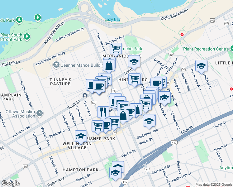 map of restaurants, bars, coffee shops, grocery stores, and more near 283 Parkdale Avenue in Ottawa