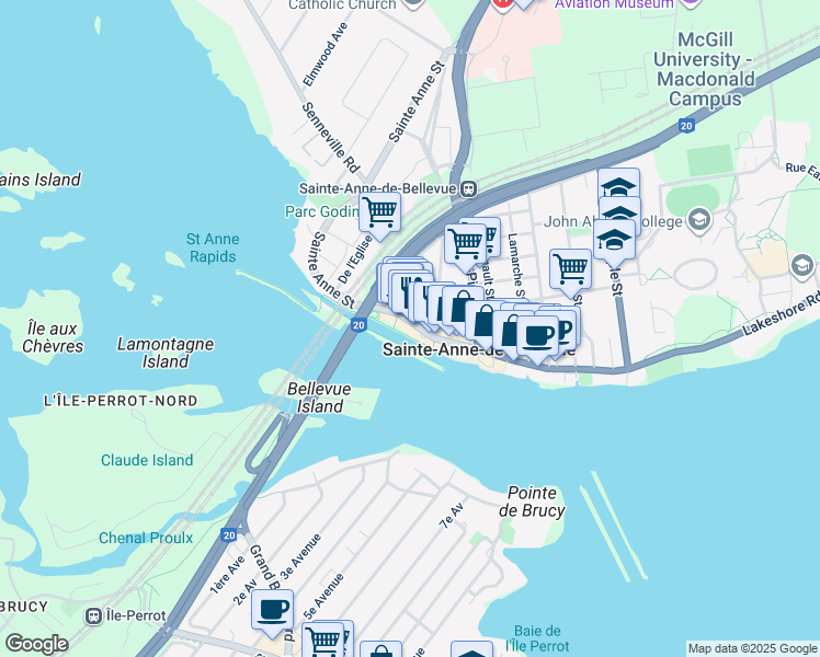 map of restaurants, bars, coffee shops, grocery stores, and more near 132 Rue Sainte Anne in Sainte-Anne-de-Bellevue