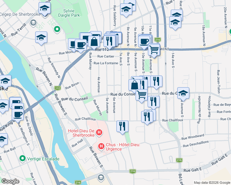 map of restaurants, bars, coffee shops, grocery stores, and more near 555 Rue du Conseil in Sherbrooke