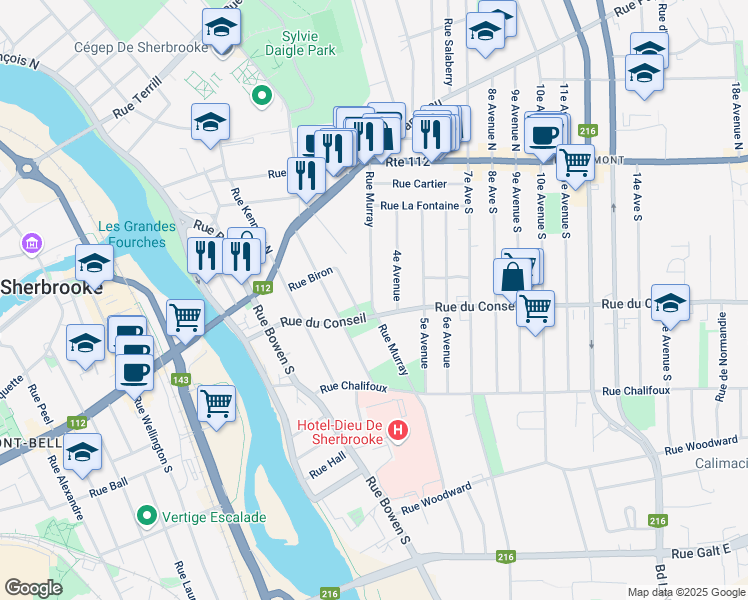 map of restaurants, bars, coffee shops, grocery stores, and more near 254 Rue Murray in Sherbrooke