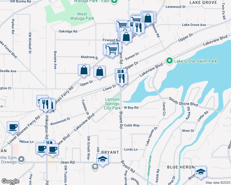 map of restaurants, bars, coffee shops, grocery stores, and more near 4501 Lakeview Boulevard in Lake Oswego
