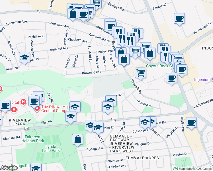 map of restaurants, bars, coffee shops, grocery stores, and more near 1750 Russell Road in Ottawa